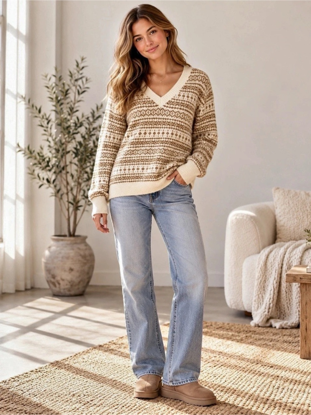 American Eagle Fair Isle V-Neck Sweater Brown & Cream XL NWT